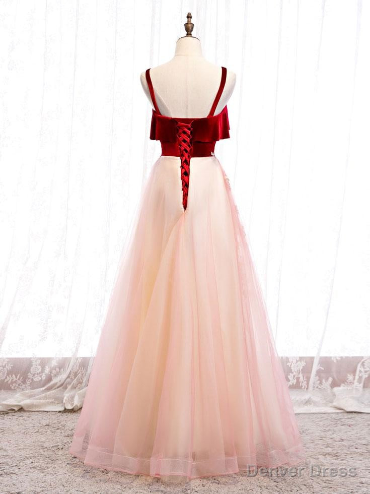 Pink Tulle and Velvet Long Lace Applique Straps Floor Length Prom Dress, A Line Long Pink Prom Dresses