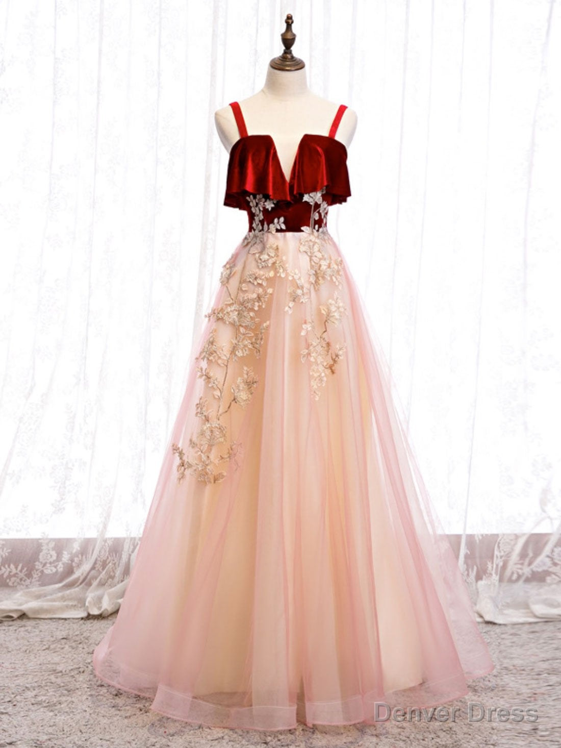 Pink Tulle and Velvet Long Lace Applique Straps Floor Length Party Dress, A-line Long Pink Prom Dress Secondary image