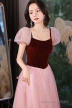 Pink Tulle And Velvet Short Sleeves Prom Dress, Pink Floor Length Prom Dresses