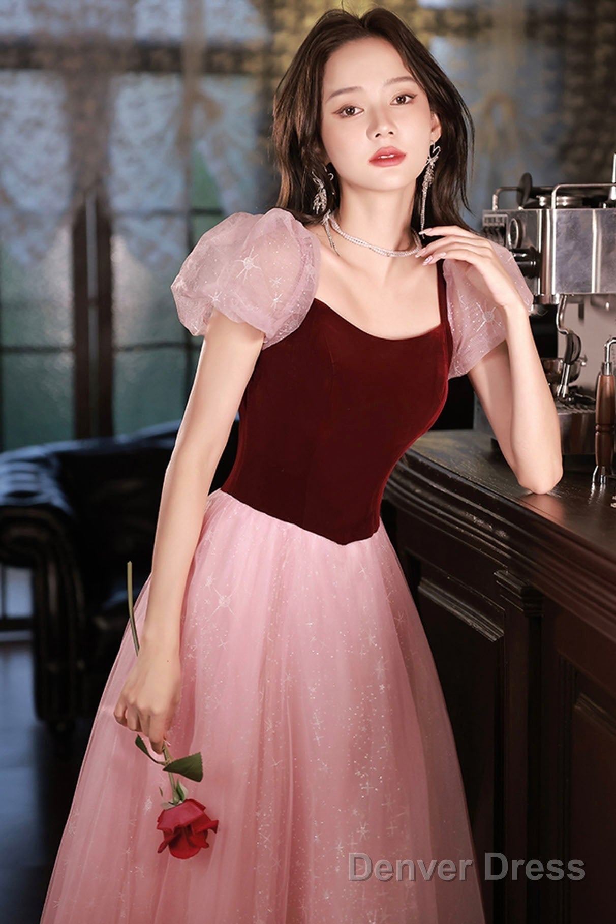 Pink Tulle And Velvet Short Sleeves Prom Dress, Pink Floor Length Prom Dresses