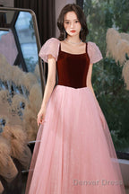 Pink Tulle And Velvet Short Sleeves Prom Dress, Pink Floor Length Prom Dresses