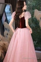 Pink Tulle And Velvet Short Sleeves Prom Dress, Pink Floor Length Prom Dresses