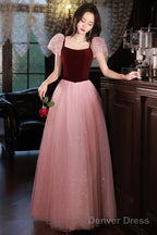 Pink Tulle And Velvet Short Sleeves Prom Dress, Pink Floor Length Prom Dresses