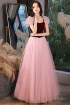 Pink Tulle And Velvet Short Sleeves Prom Dress, Pink Floor Length Prom Dresses