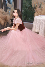Pink Tulle And Velvet Short Sleeves Prom Dress, Pink Floor Length Prom Dresses