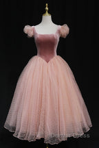 Pink Tulle And Velvet Short Sleeves Prom Dress, Pink Tea Length Prom Dresses