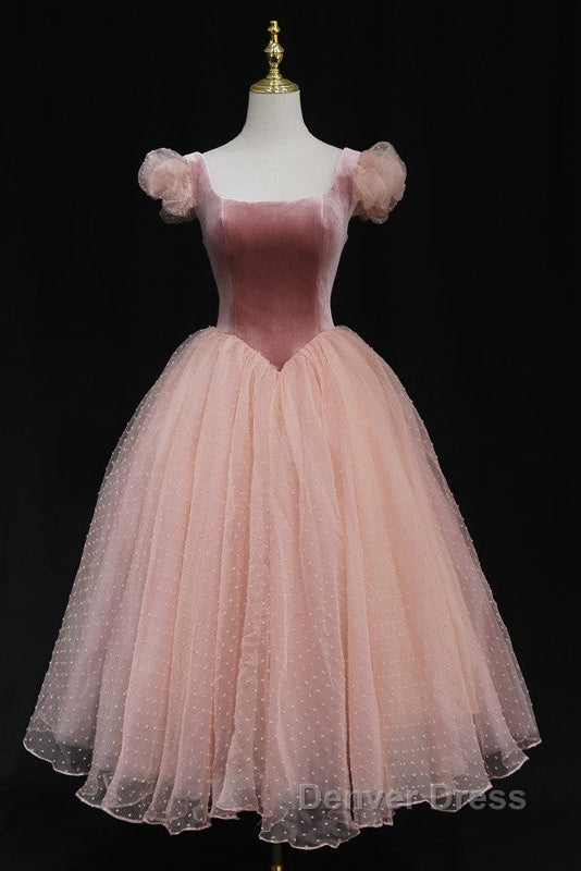Pink Tulle And Velvet Short Sleeves Prom Dress, Pink Tea Length Prom Dresses