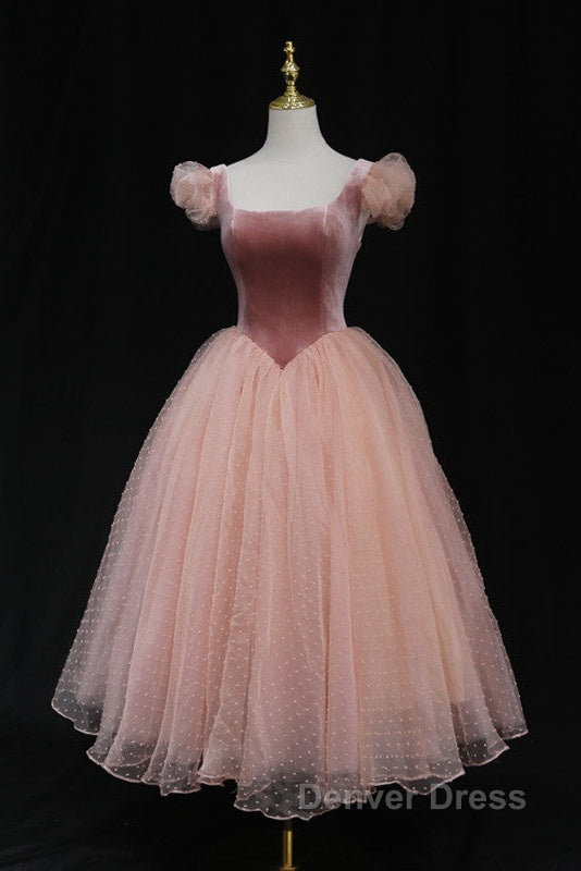 Pink Tulle And Velvet Short Sleeves Prom Dress, Pink Tea Length Prom Dresses