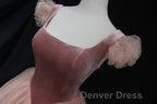 Pink Tulle And Velvet Short Sleeves Prom Dress, Pink Tea Length Prom Dresses