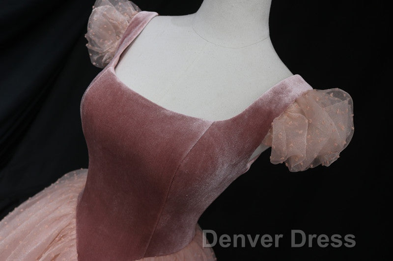 Pink Tulle And Velvet Short Sleeves Prom Dress, Pink Tea Length Prom Dresses