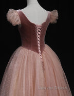 Pink Tulle And Velvet Short Sleeves Prom Dress, Pink Tea Length Prom Dresses