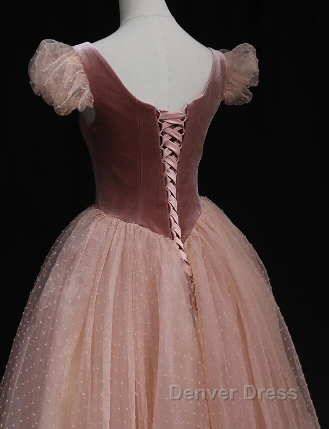 Pink Tulle And Velvet Short Sleeves Prom Dress, Pink Tea Length Prom Dresses