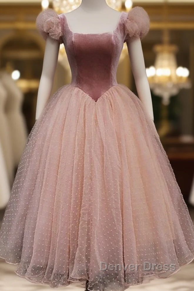 Pink Tulle And Velvet Short Sleeves Prom Dress, Pink Tea Length Prom Dresses Main image
