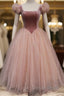 Pink Tulle And Velvet Short Sleeves Prom Dress, Pink Tea Length Prom Dresses