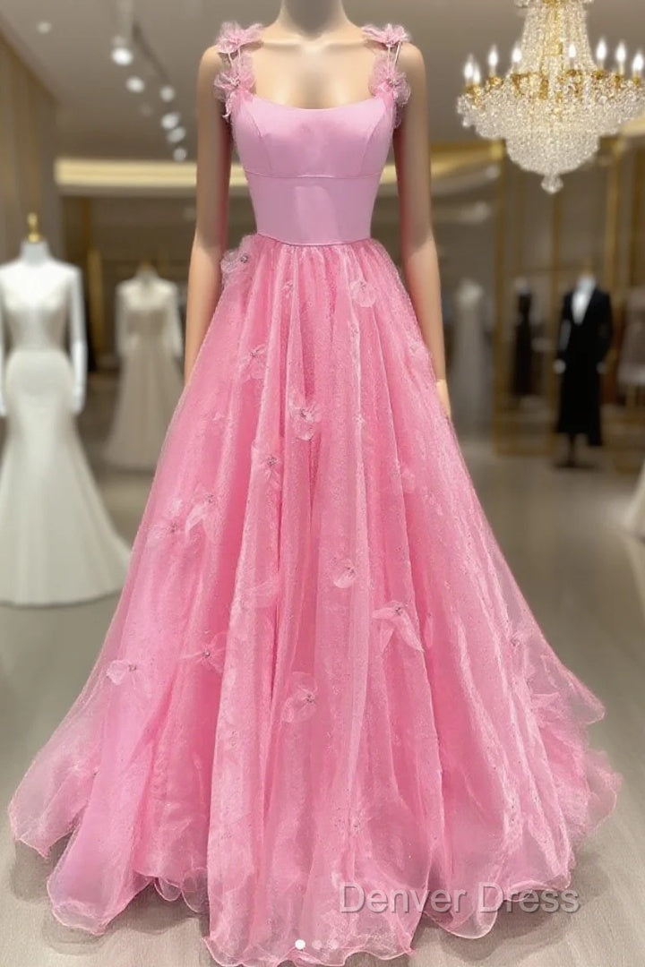 Pink Tulle Applique Long Prom Dresses Pink Formal Dresses Main image
