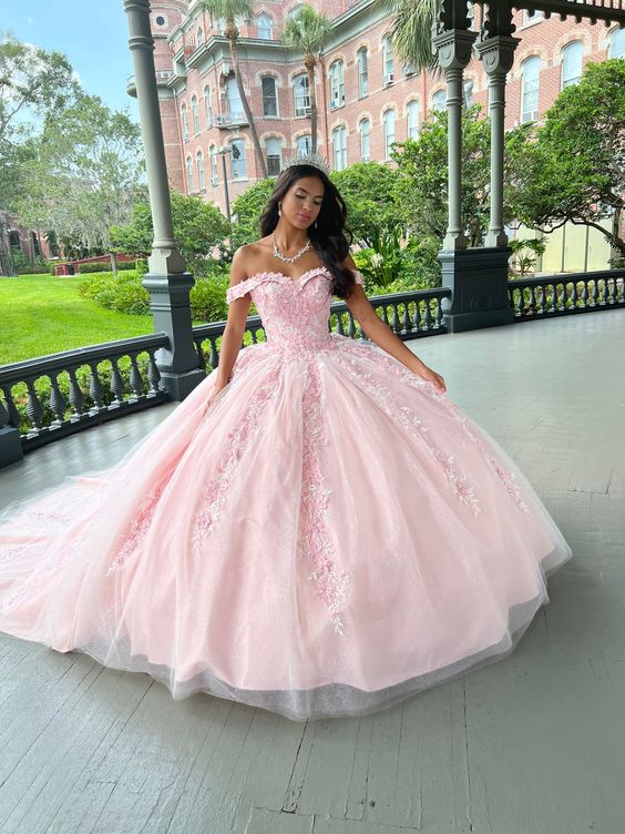Pink Tulle Applique Long Prom Dress Quinceanera Dresses Ball Gowns Main image