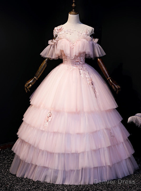 Pink Tulle Appliques Backless Quinceanera Dresses