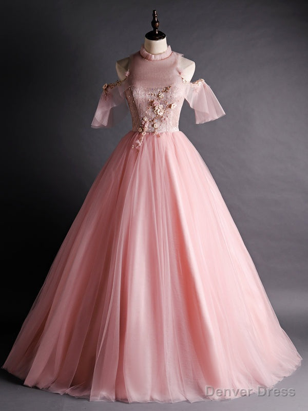 Pink Tulle Appliques Beading Backless Quinceanera Dresses