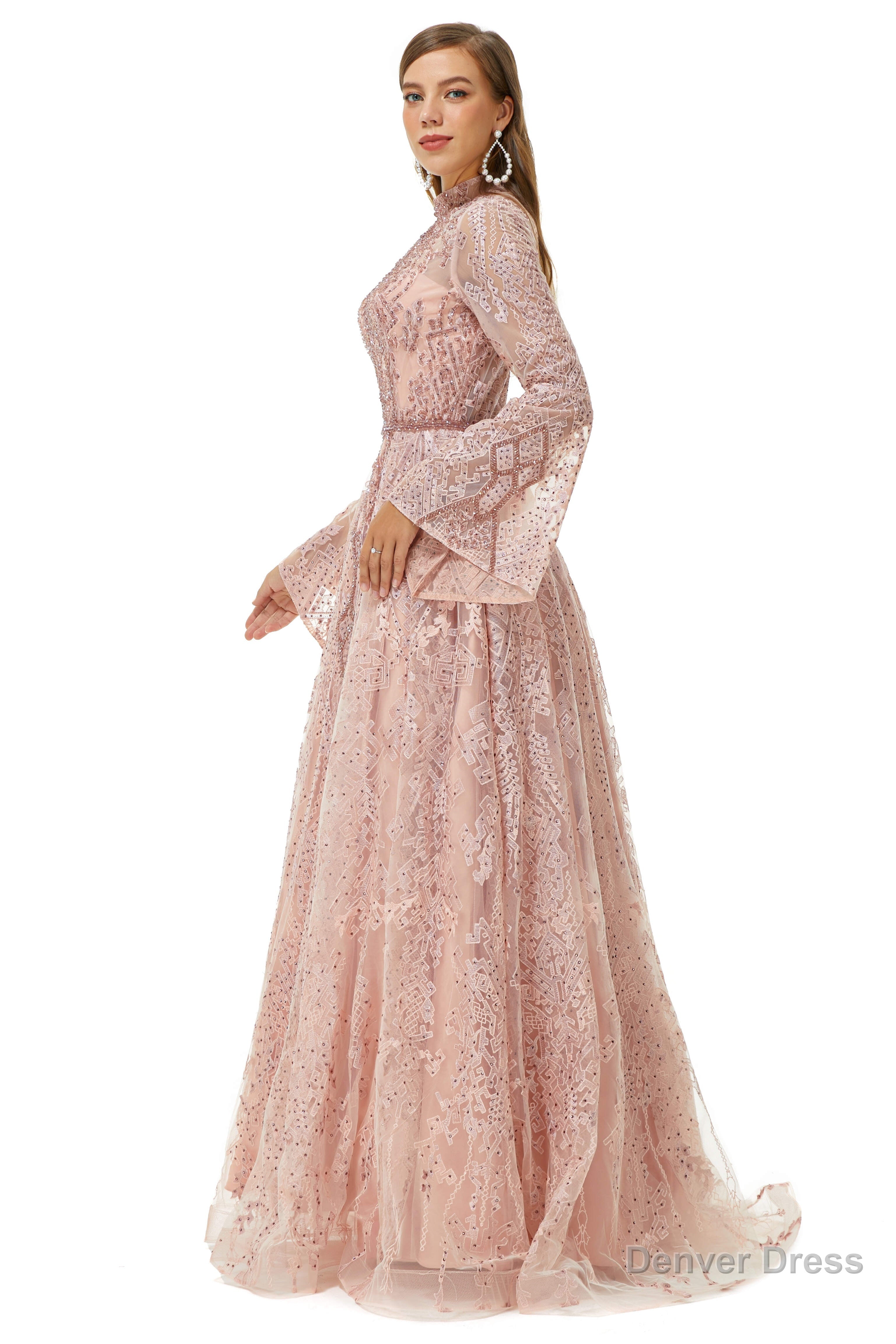 Pink Tulle Appliques High Neck Long Sleeve Beading Prom Dresses