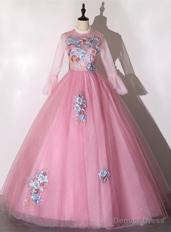 Pink Tulle Appliques Long Sleeve Quinceanera Dresses