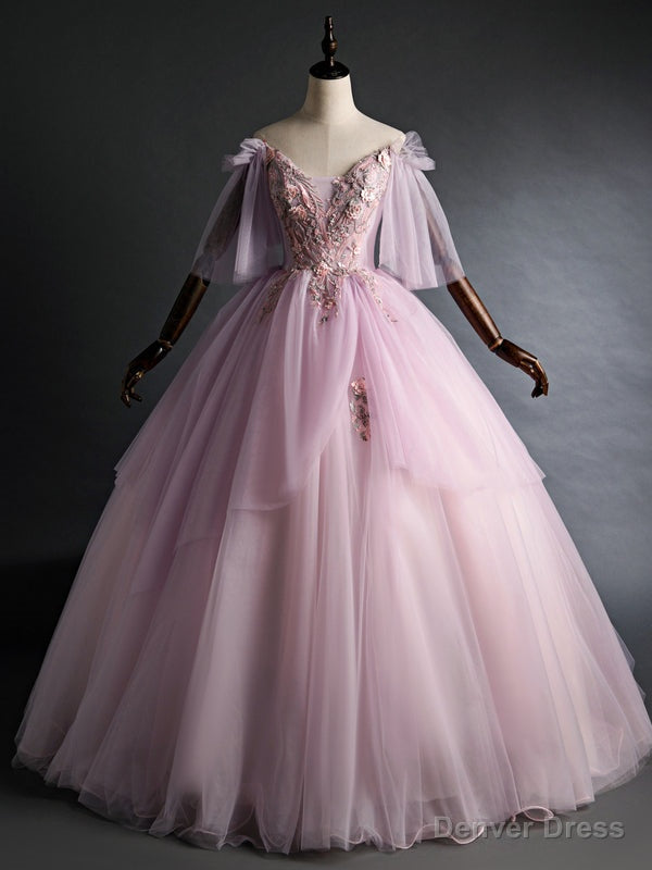 Pink Tulle Appliques Off the Shoulder Backless Quinceanera Dresses