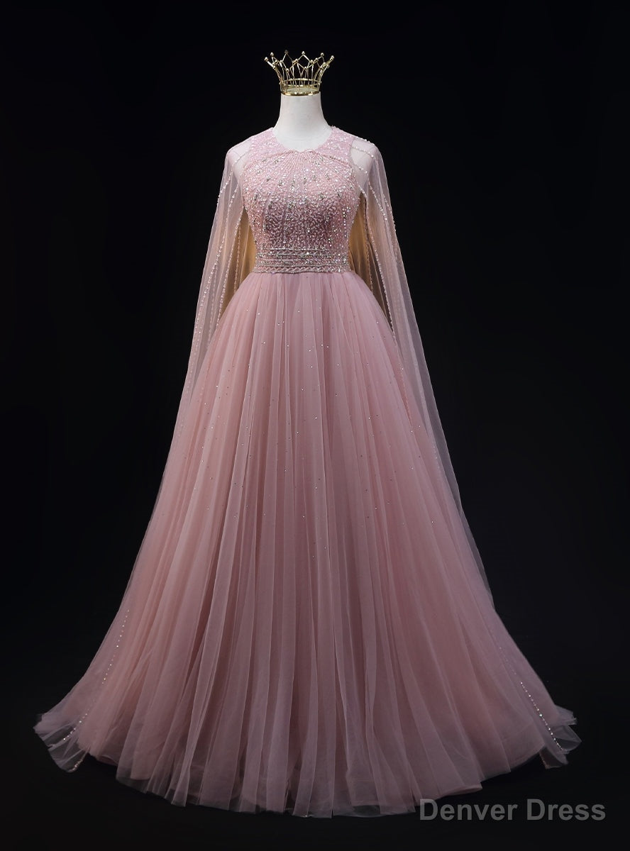 Pink Tulle Backless Beading Prom Dresses