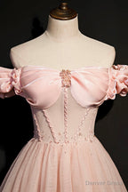 Pink Tulle Beaded Long A Line Prom Dress, Pink Off the Shoulder Prom Dresses