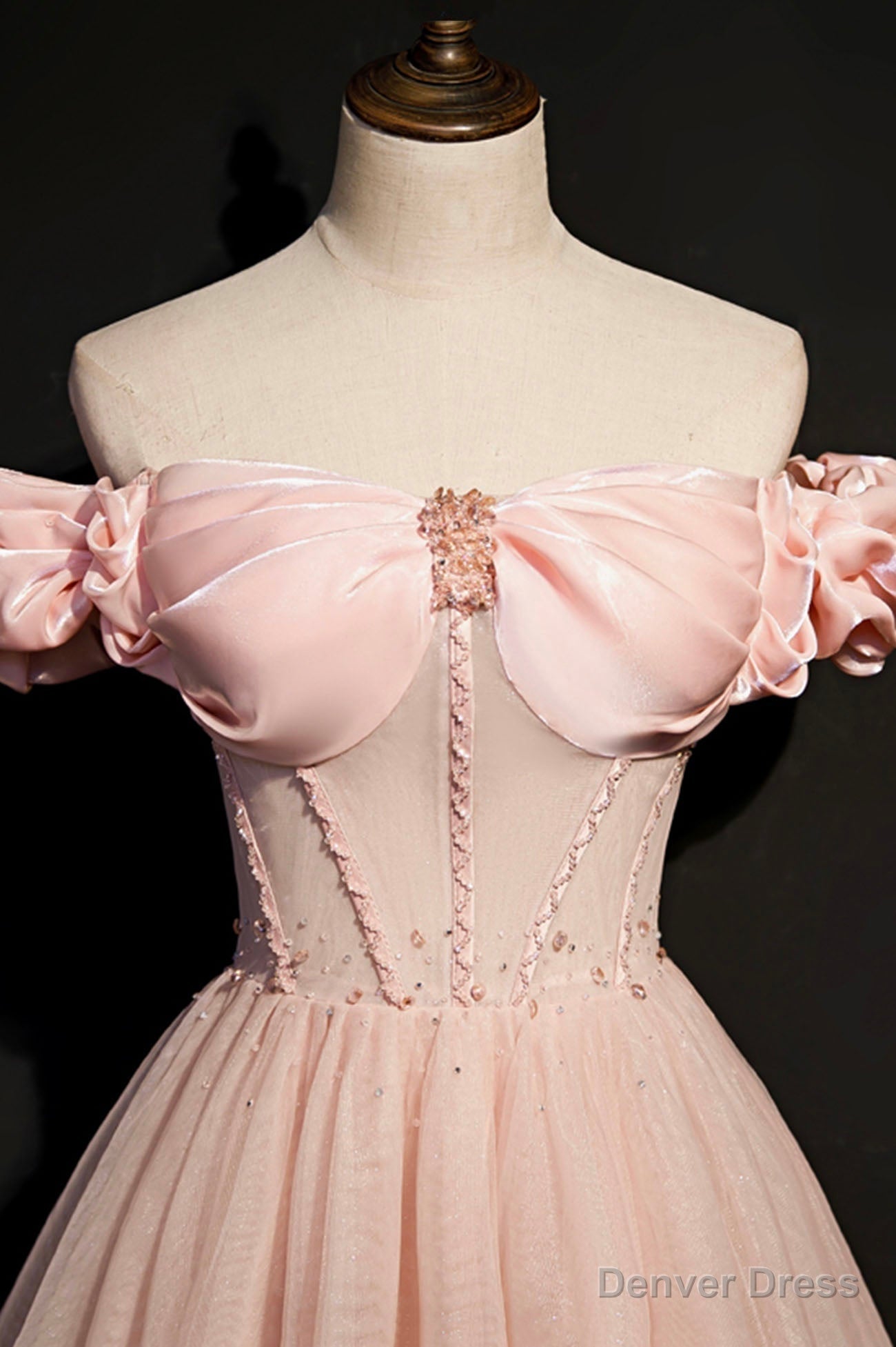Pink Tulle Beaded Long A Line Prom Dress, Pink Off the Shoulder Prom Dresses