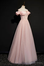 Pink Tulle Beaded Long A Line Prom Dress, Pink Off the Shoulder Prom Dresses