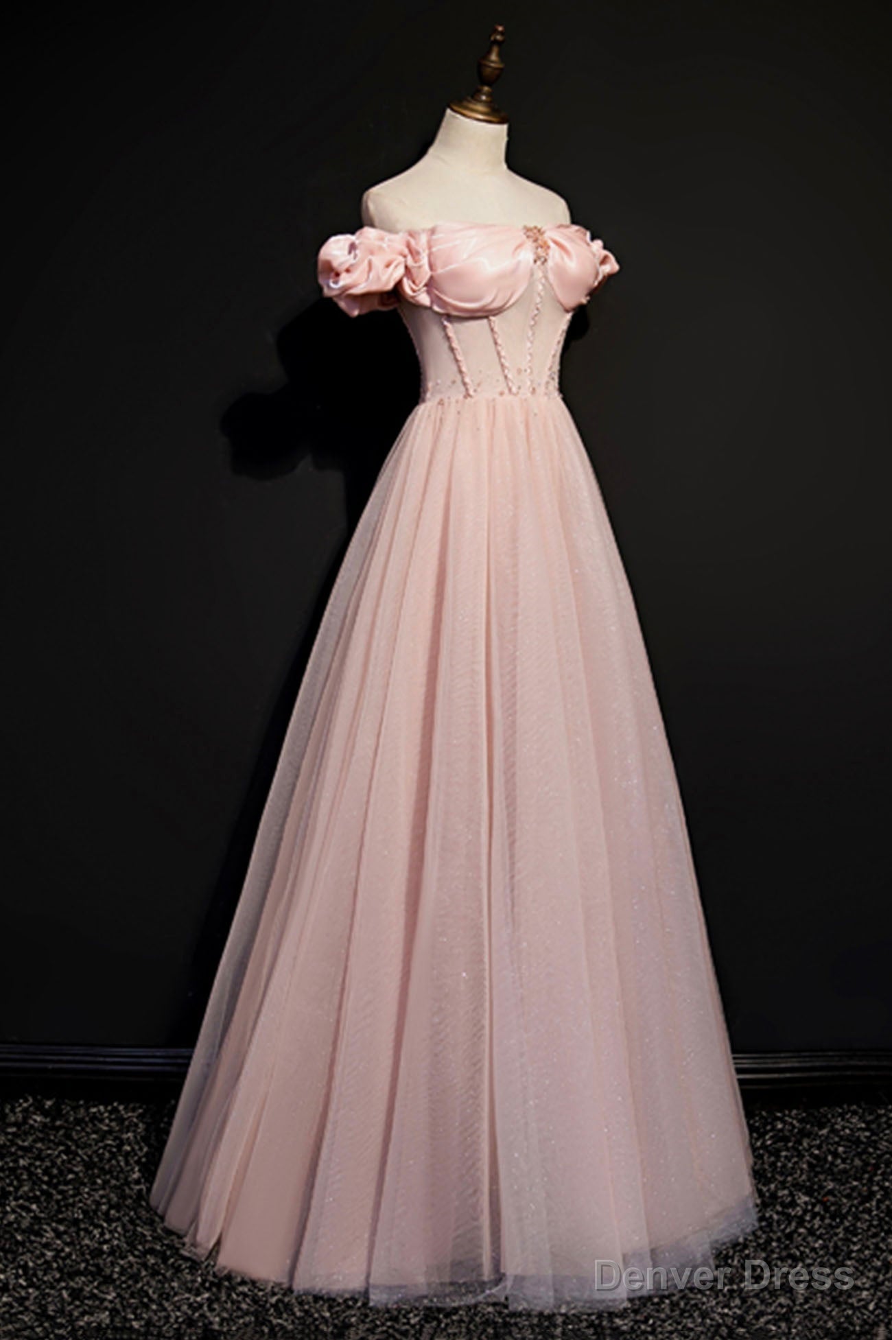 Pink Tulle Beaded Long A Line Prom Dress, Pink Off the Shoulder Prom Dresses