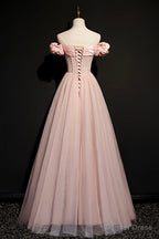 Pink Tulle Beaded Long A Line Prom Dress, Pink Off the Shoulder Prom Dresses