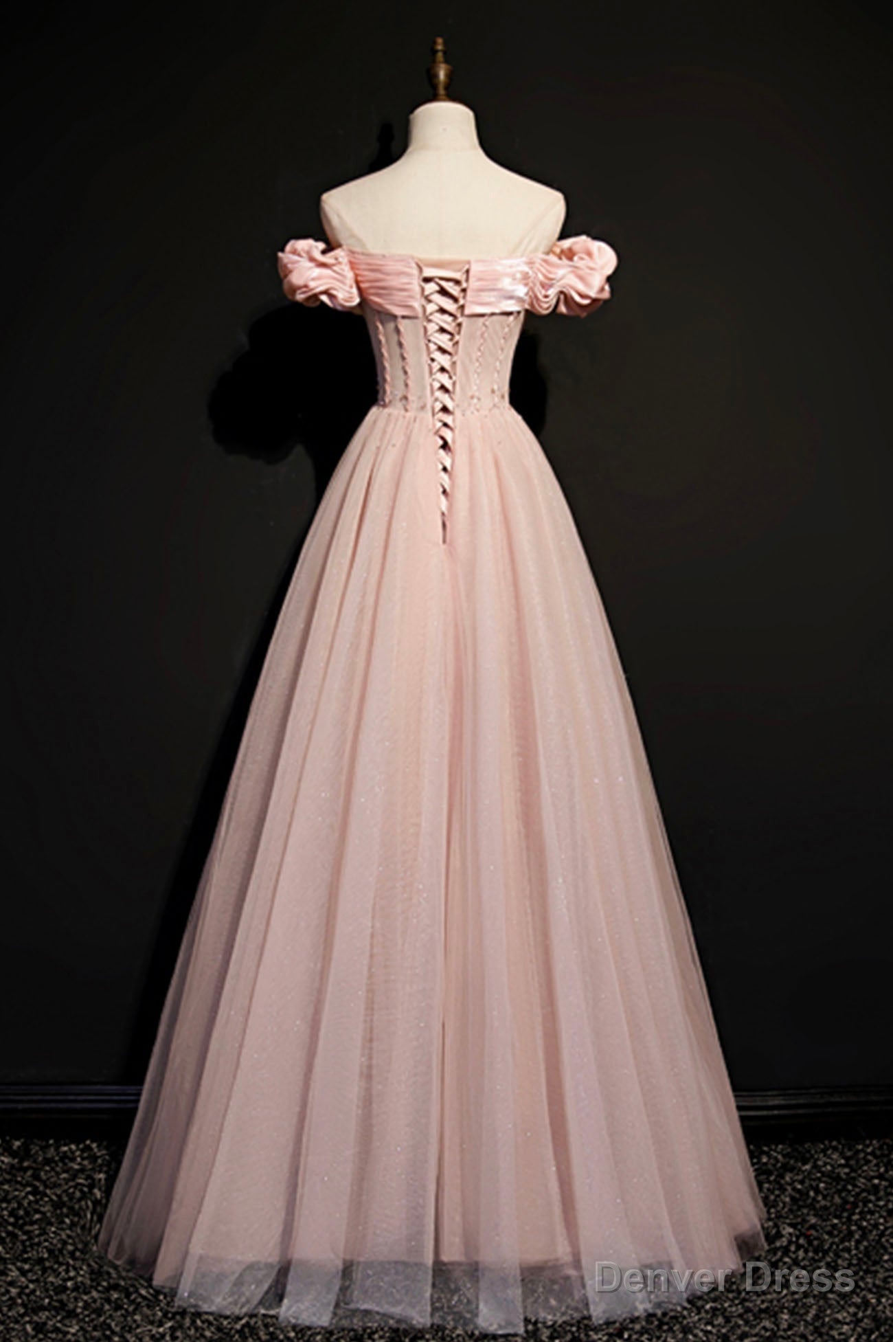 Pink Tulle Beaded Long A Line Prom Dress, Pink Off the Shoulder Prom Dresses