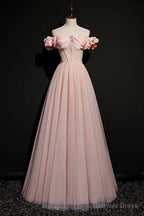 Pink Tulle Beaded Long A Line Prom Dress, Pink Off the Shoulder Prom Dresses