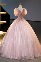 Pink Tulle Beaded Long Ball Gowns, A Line Prom Dress, Pink Sweet 16 Dresses