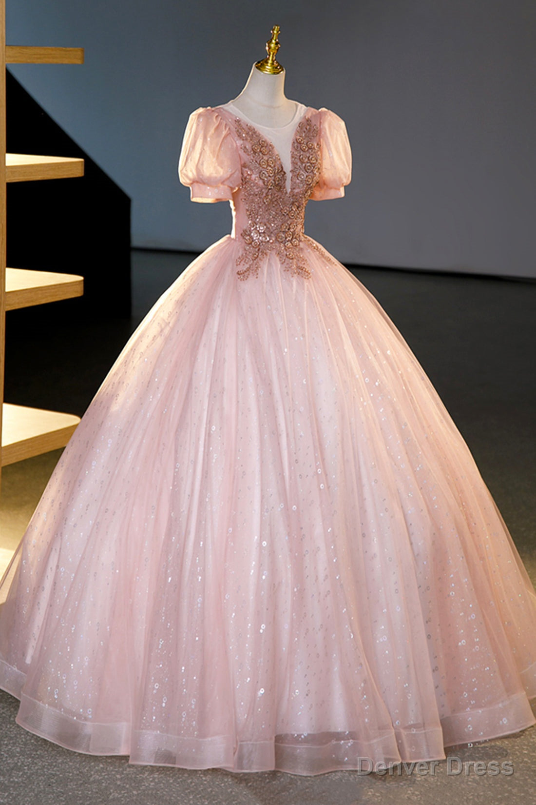 Pink Tulle Beaded Long Ball Gowns, A Line Prom Dress, Pink Sweet 16 Dresses
