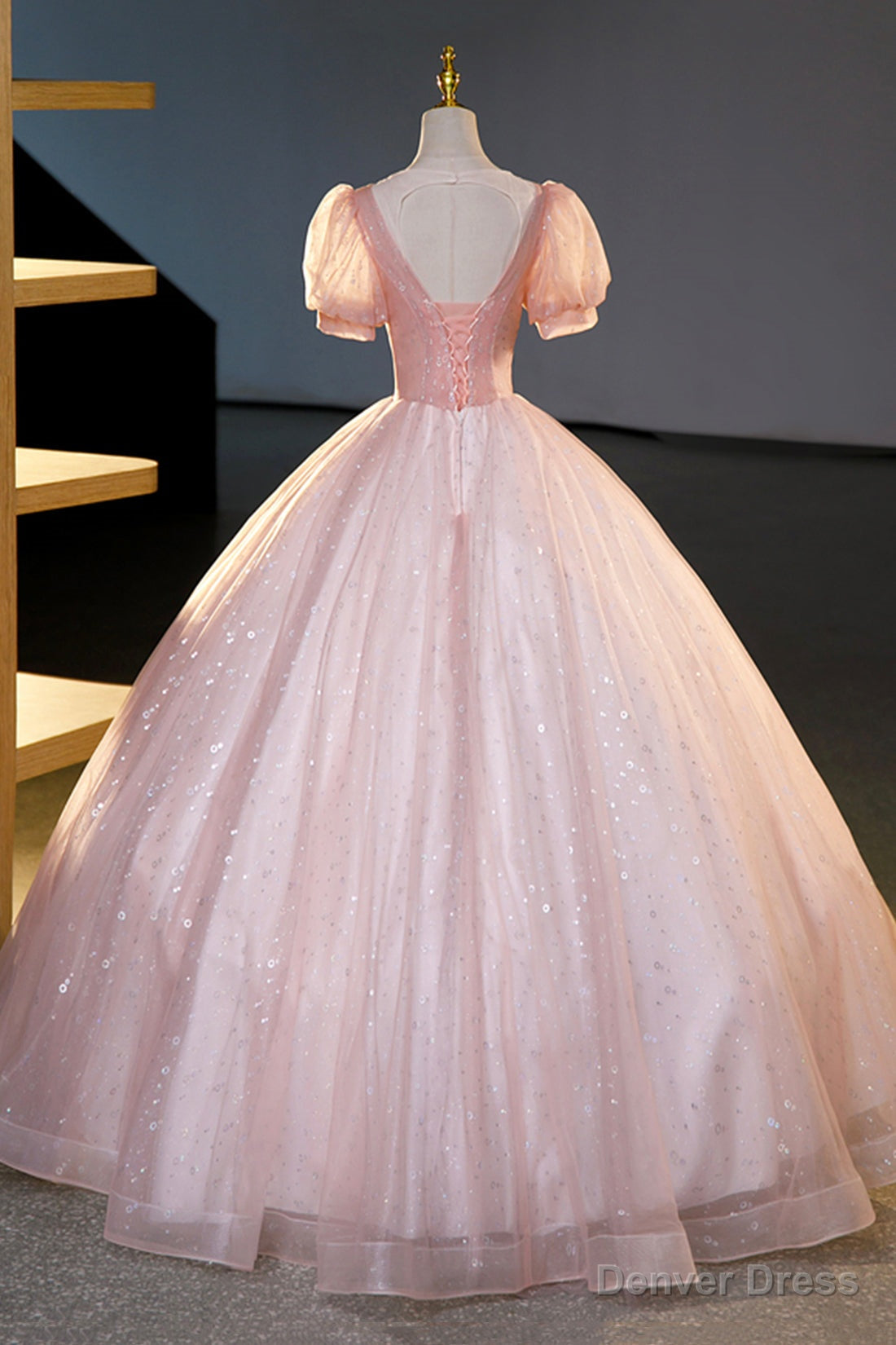 Pink Tulle Beaded Long Ball Gowns, A Line Prom Dress, Pink Sweet 16 Dresses