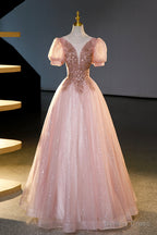 Pink Tulle Beaded Long Ball Gowns, A Line Prom Dress, Pink Sweet 16 Dresses