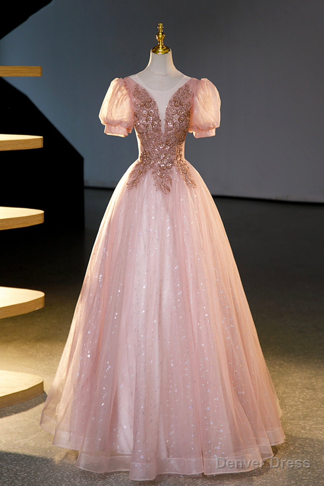 Pink Tulle Beaded Long Ball Gowns, A Line Prom Dress, Pink Sweet 16 Dresses