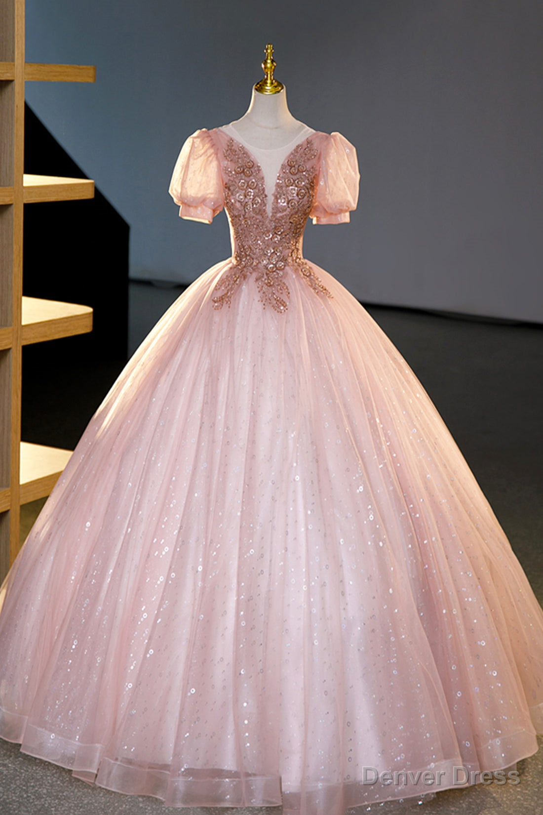 Pink Tulle Beaded Long Ball Gowns, A Line Prom Dress, Pink Sweet 16 Dresses