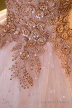 Pink Tulle Beaded Long Ball Gown, Beautiful A-Line Prom Dress, Pink Sweet 16 Dress