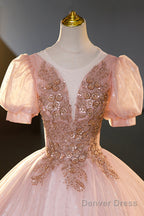 Pink Tulle Beaded Long Ball Gown, Beautiful A-Line Prom Dress, Pink Sweet 16 Dress