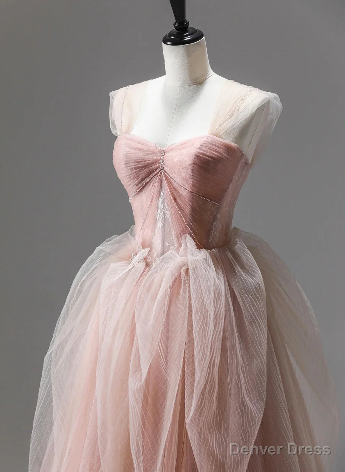Pink Tulle Beaded Long Prom Dress Prom Dress, Pink Floor Length Prom Dresses Secondary image