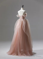 Pink Tulle Beaded Long Prom Dress Prom Dress, Pink Floor Length Prom Dresses