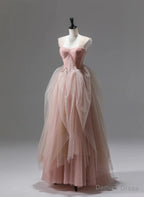 Pink Tulle Beaded Long Prom Dress Prom Dress, Pink Floor Length Prom Dresses