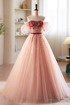 Pink Tulle Beaded Long Prom Dress, A Line Off Shoulder Prom Dresses