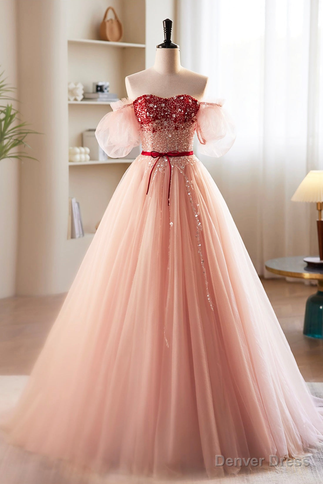 Pink Tulle Beaded Long Prom Dress, A Line Off Shoulder Prom Dresses