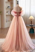Pink Tulle Beaded Long Prom Dress, A Line Off Shoulder Prom Dresses