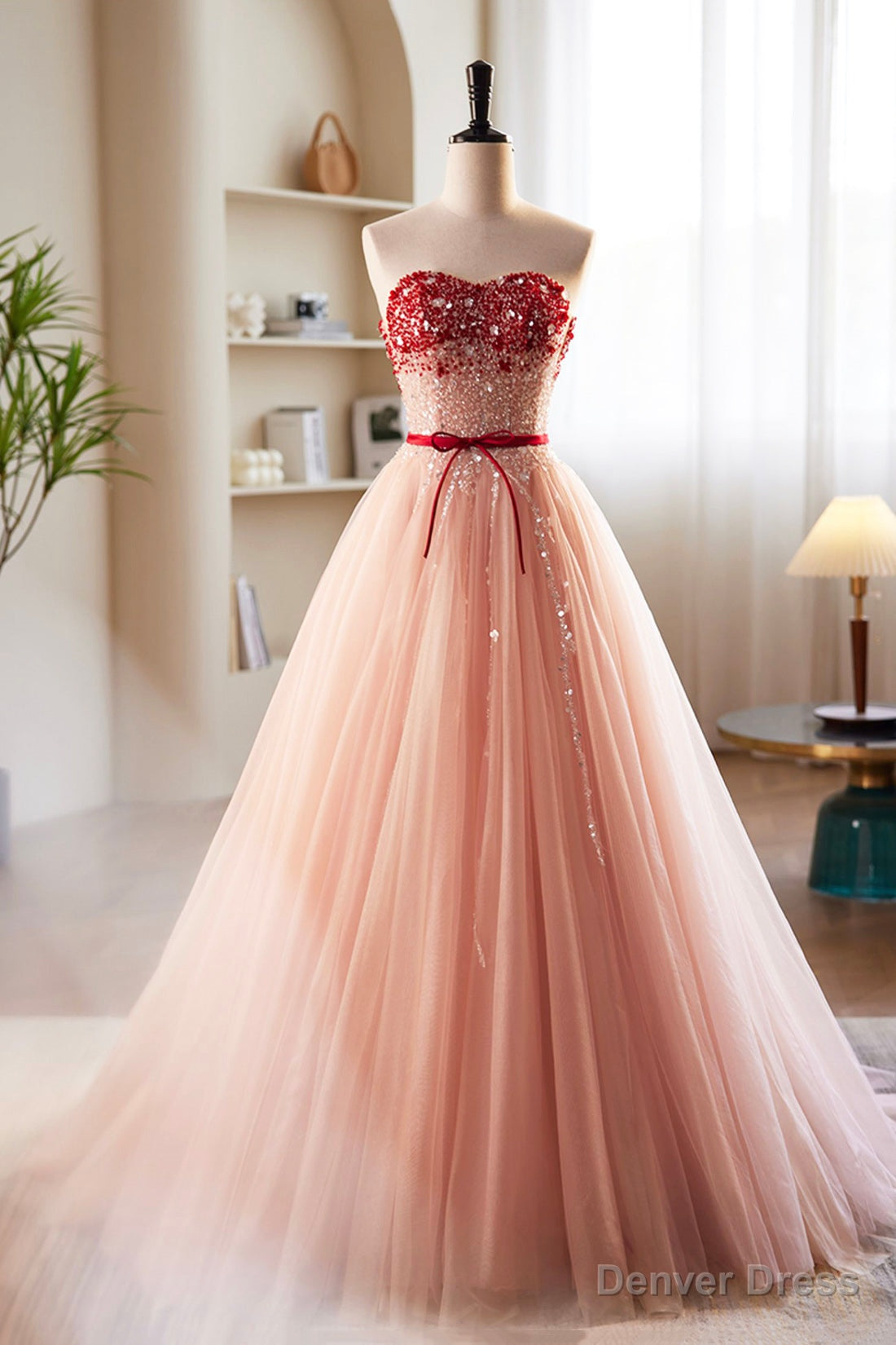 Pink Tulle Beaded Long Prom Dress, A Line Off Shoulder Prom Dresses