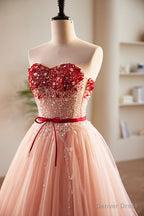 Pink Tulle Beaded Long Prom Dress, A Line Off Shoulder Prom Dresses