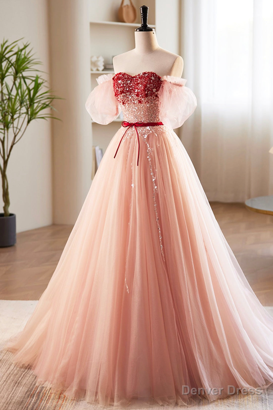 Pink Tulle Beaded Long Prom Dress, A-Line Off Shoulder Evening Party Dress Main image